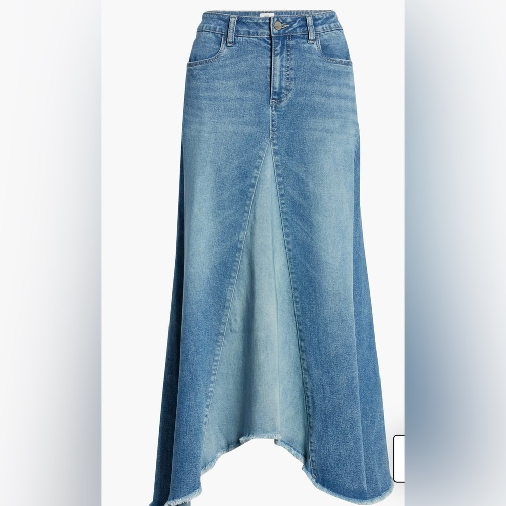 Wash Lab Pieced Denim Midi Asymmetrical Two Toned Skirt Size 30 Two Tone Sky - Picture 10 of 11